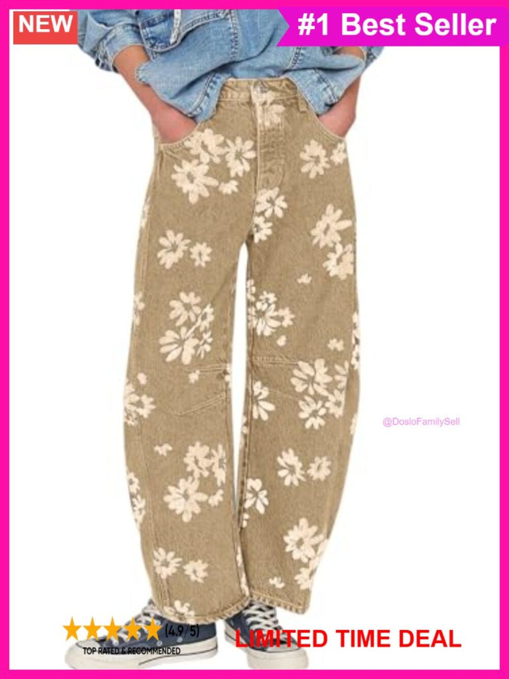 Women's Barrel Jeans Floral Patchwork Wide Leg Mid Rise Denim Pants